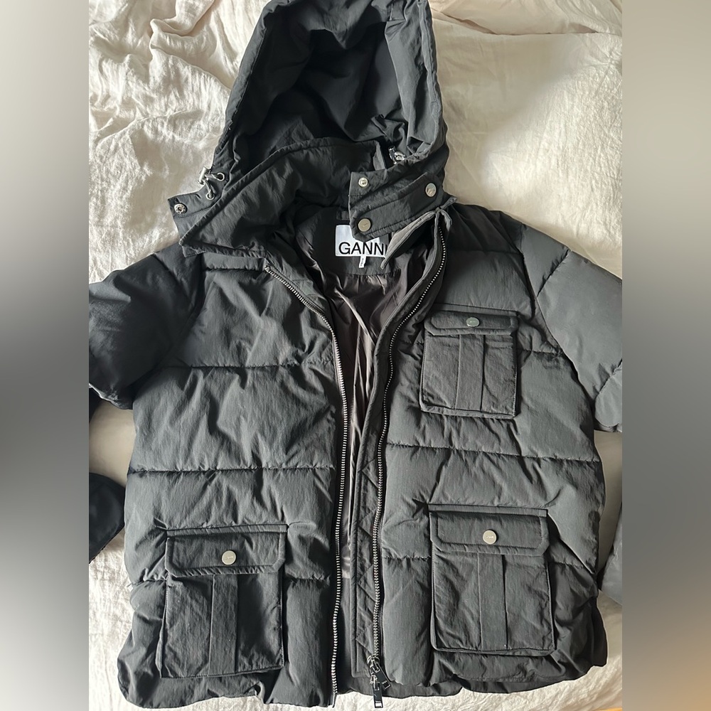 Ganni Navy Puffer Jacket with Silver Hardware Detailing